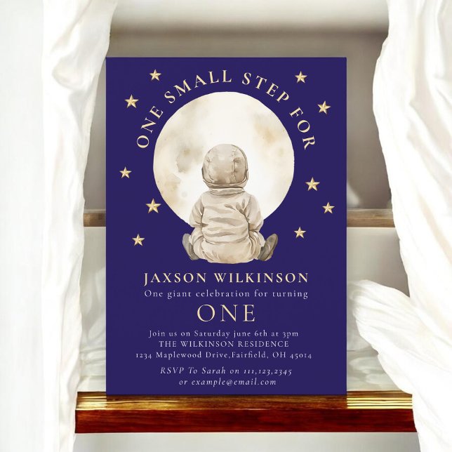 Invitation Astronaute Bébé Lune Premier Anniversaire Navy Éto (Créateur téléchargé)