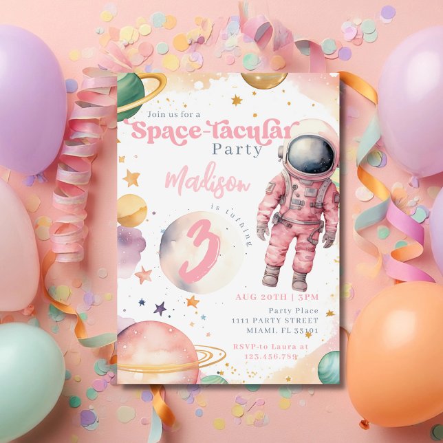 Invitation Astronaute rose Fille spatiale Anniversaire (Créateur téléchargé)