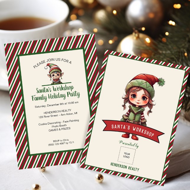 Invitation Atelier père Noël Fête de Noël des clients (Cute elf Christmas party invitations for client appreciation.)