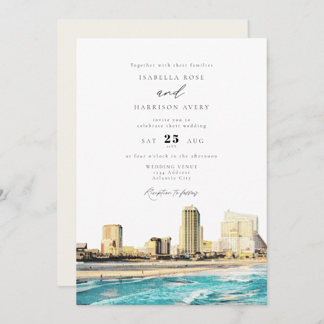 Invitation ATLANTIC CITY Watercolor Mariage Skyline (Devant / Derrière)