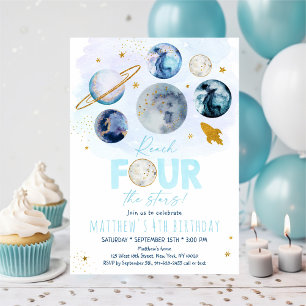 Invitation Atteindre QUATRE Étoiles Espace Bleu Anniversaire