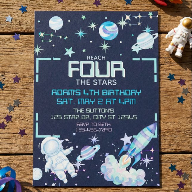Invitation Atteindre quatre étoiles Espace Bleu Vert 4e Anniv (Créateur téléchargé)