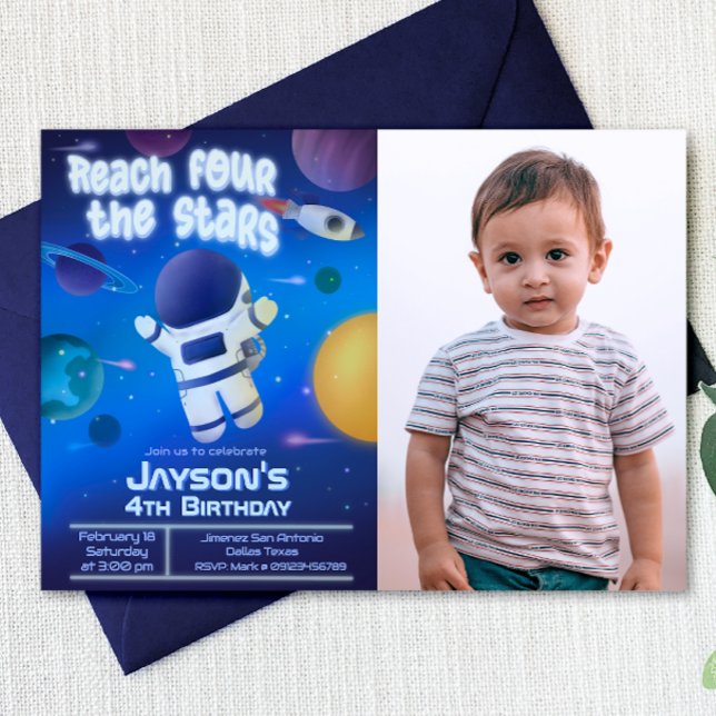 Invitation Atteindre quatre étoiles - Espace extra-atmosphéri (Reach Four the Stars - Outer Space Landscape Invitation with Picture)