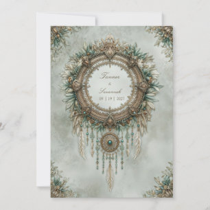 Invitation Attrape-rêve bohème plume sarcelle or mariage