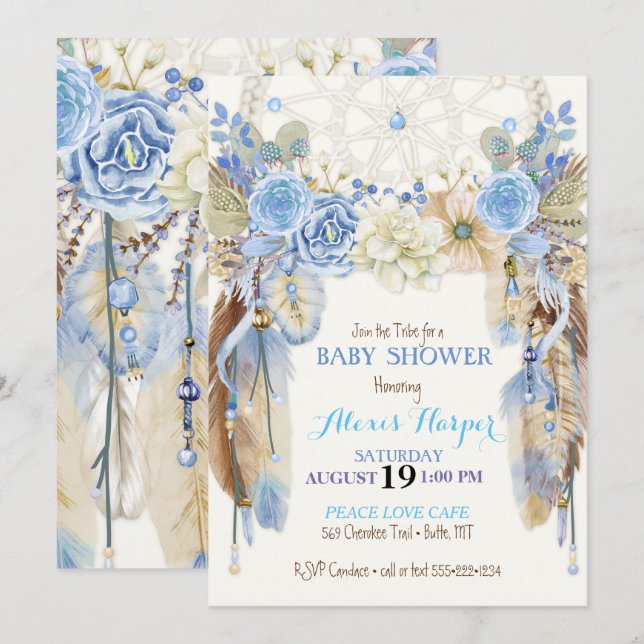 Invitation Attrape-rêve Boho Plumes Bleu Ivoire Marron (Devant / Derrière)