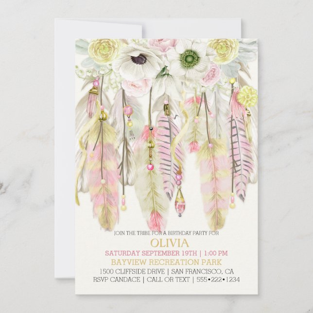 Invitation Attrape-rêve Boho Plumes Cristaux Rose Jaune (Devant)