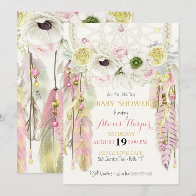 Invitation Attrape-rêve Boho Plumes Cristaux Rose Jaune (Devant / Derrière)