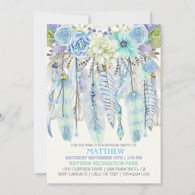 Invitation Attrape-rêve Boho Plumes Turquoise Bleu (Devant)