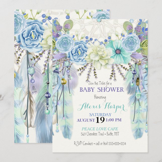 Invitation Attrape-rêve Boho Plumes Turquoise Bleu Menthe (Devant / Derrière)