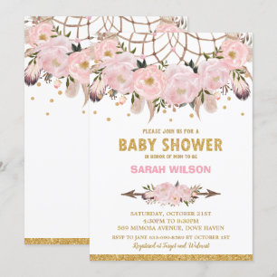 Invitation Attrape-rêve Floral Blush Baby Shower Fille Bohème