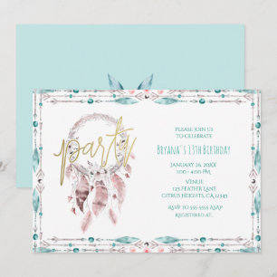 Invitation Attrape-rêves à plumes bohème sarcelle Fête d'anni