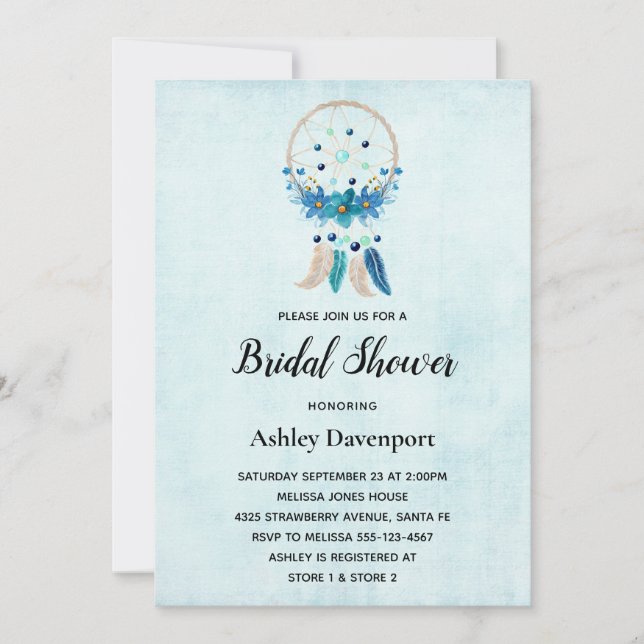 Invitation Attrape-rêves bleu avec fleurs et plumes de mariag (Devant)