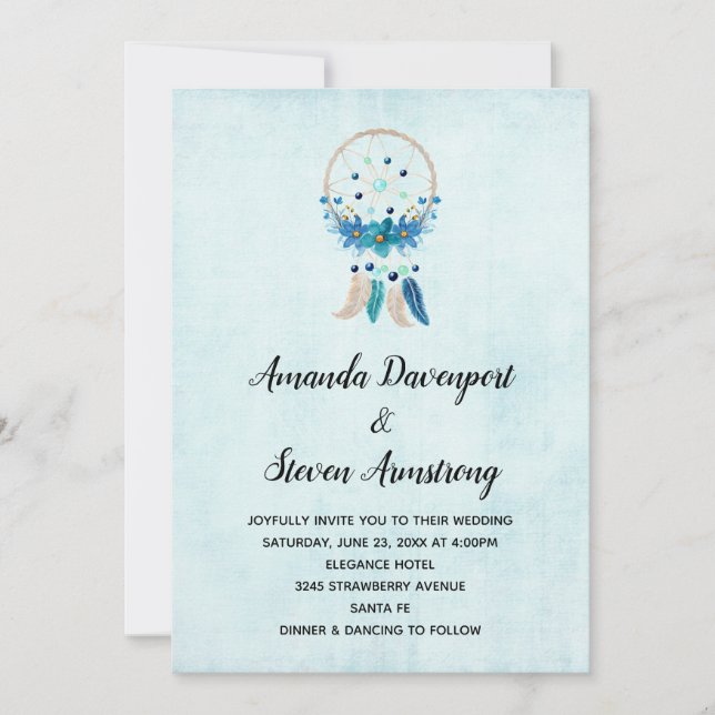 Invitation Attrape-rêves Bleu avec Fleurs & Plumes Mariage (Devant)