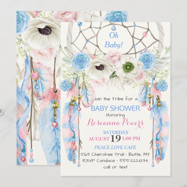 Invitation Attrape-rêves Bohème Plumes Bleu & Rose (Devant / Derrière)