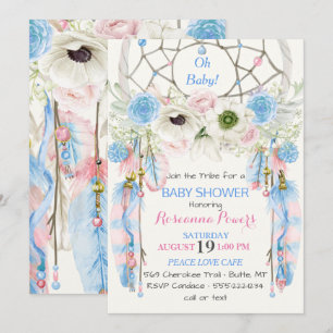Invitation Attrape-rêves Bohème Plumes Bleu & Rose