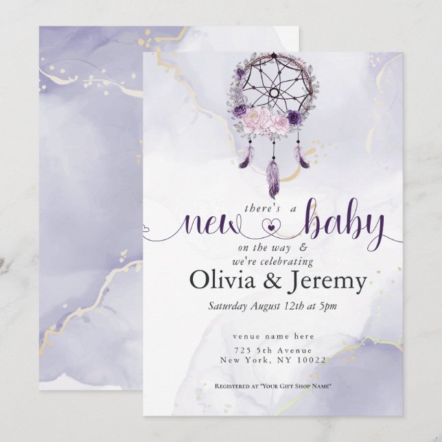 Invitation Attrape-rêves BOHO Nouveau bébé Améthyste Rose Pou (Devant / Derrière)