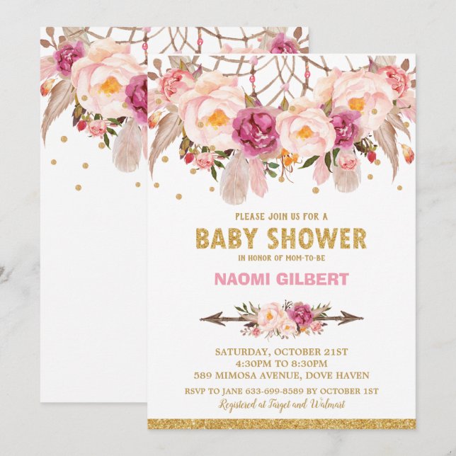 Invitation Attrape-Rêves Floral Boho Baptême Fille (Devant / Derrière)