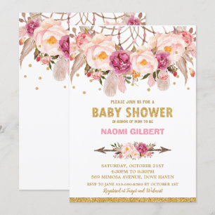 Invitation Attrape-Rêves Floral Boho Baptême Fille