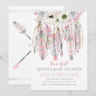 Invitation Attrape-rêves gris rose Plumes flèches Floral