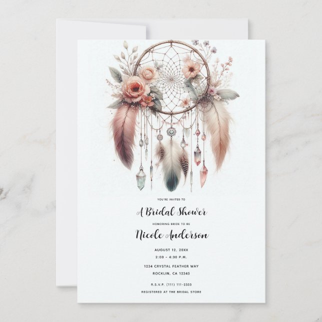 Invitation Attrape-rêves plumes cristal floral Bohème mariage (Devant)