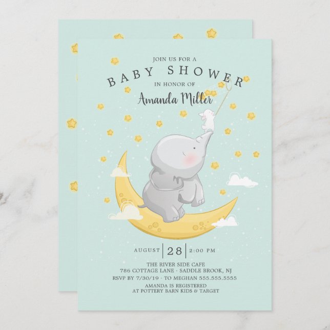 Invitation Attrapez Un Baby shower Etoile Bunny Elephant (Devant / Derrière)