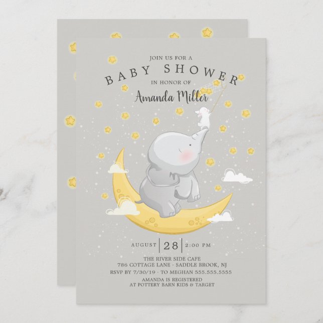 Invitation Attrapez Un Étoile Baby shower Eléphant Bunny Neut (Devant / Derrière)