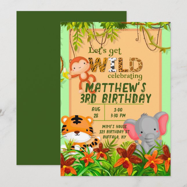 Invitation Attrapons Wild Safari animal fête d'anniversaire I (Devant / Derrière)