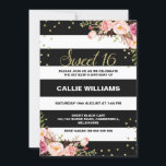 Invitation au 16e anniversaire de la florale noire<br><div class="desc">Vous cherchez une invitation audacieuse à 16 ou 16 ans ? Ce design présente un motif à rayures blanches et noires, un faux or à deux arrangements floraux et quelques points d'or. Le dos de l'invitation est noir avec un faux motif de pot d'or. Ce design est une façon très...</div>