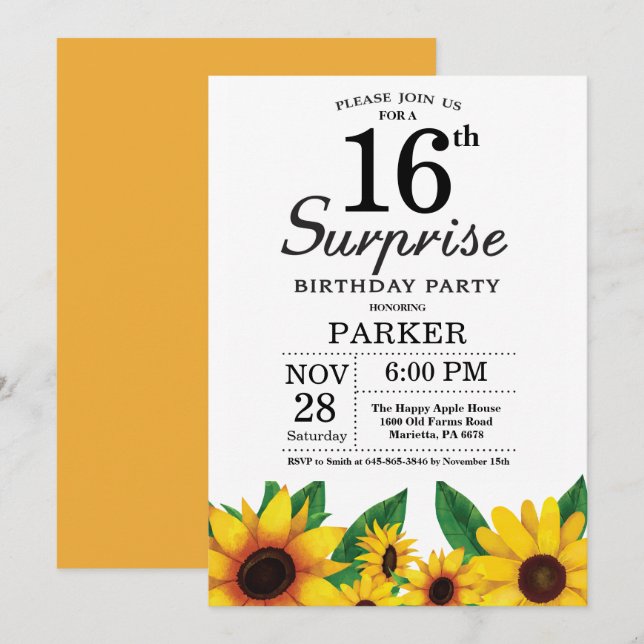 Invitation au 16e anniversaire de Sunflower Surpri (Devant / Derrière)