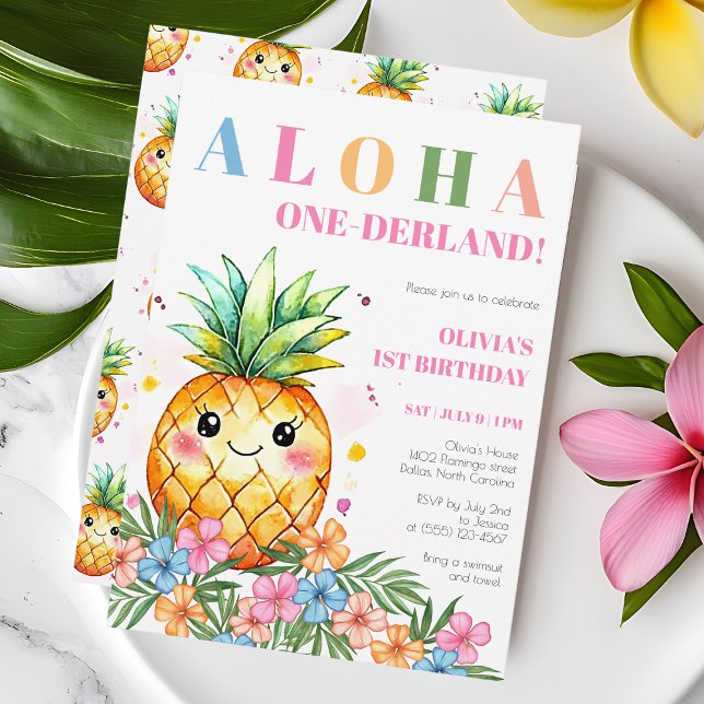 Invitation au 1er anniversaire Aloha Onederland Ét (Aloha Onederland Summer Pineapple 1st Birthday Inv Invitation)