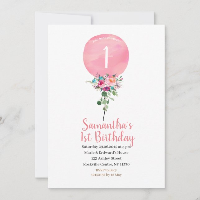 Invitation au 1er anniversaire du ballon rose (Devant)