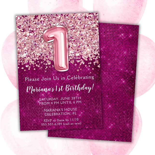 Invitation au 1er anniversaire Fille Magenta Rose  (Créateur téléchargé)