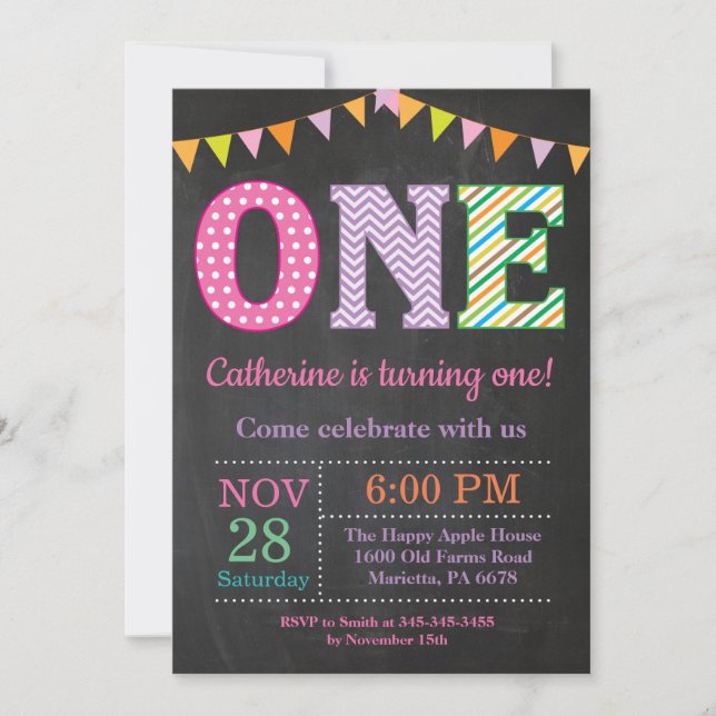 Invitation au 1er anniversaire. Fille Premier Anni (Devant)
