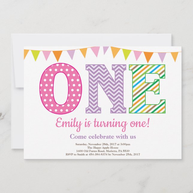 Invitation au 1er anniversaire. Fille Premier Anni (Devant)