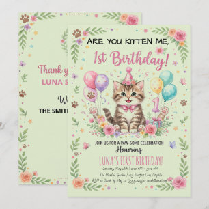 Invitation au 1er anniversaire, Kitty Fille Floral