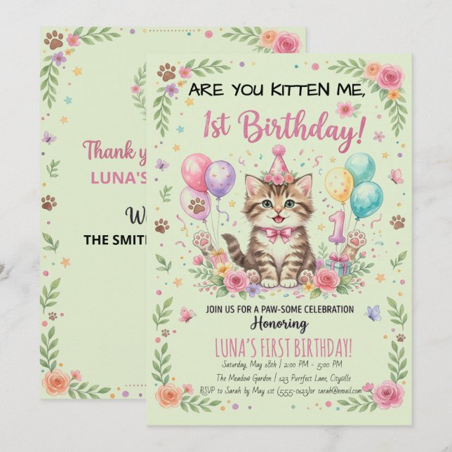 Invitation au 1er anniversaire, Kitty Fille Floral (Devant / Derrière)