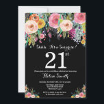 Invitation au 21e anniversaire de Floral Surprise<br><div class="desc">Floral Surprise 21e Anniversaire Invitation pour les femmes. Fleur florale aquarelle. Arrière - plan noir. Rose, Jaune, Orange, Fleur Violet. Anniversaire adulte. 13e 15e 16e 18e 20e 21e 30e 40e 50e 60e 70e 80e 90e 100e, n'importe quel âge. Pour plus de personnalisation, cliquez sur le bouton "Customiser" et utilisez notre...</div>
