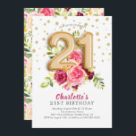 Invitation au 21e anniversaire de Foil Balloon Flo<br><div class="desc">Belle florale rose avec des ballons de papier peint ornés de confettis dorés.  Visitez notre dossier fleuri correspondant pour une touche spéciale.</div>