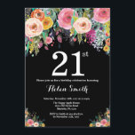 Invitation au 21e anniversaire de la florale<br><div class="desc">Invitation Florale 21e anniversaire pour les femmes. Fleur florale aquarelle. Arrière - plan de tableau noir. Rose,  Jaune,  Orange,  Fleur Violet. Anniversaire adulte.
Pour plus de personnalisation,  cliquez sur le bouton "Customiser" et utilisez notre outil de conception pour modifier ce modèle.</div>