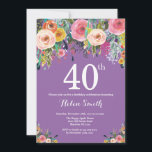 Invitation au 30e anniversaire de la florale viole<br><div class="desc">Invitation florale violette 40e anniversaire pour les femmes. Fleur florale aquarelle. Arrière - plan violet Lilac Lavender Violet. Rose, Jaune, Orange, Fleur Violet. Anniversaire adulte. 13e 15e 16e 18e 20e 21e 30e 40e 50e 60e 70e 80e 90e 100e, n'importe quel âge. Pour plus de personnalisation, cliquez sur le bouton "Customiser"...</div>