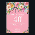 Invitation au 40e anniversaire de la surprise de l<br><div class="desc">Invitation à l'anniversaire de la surprise de la flore rose 40e anniversaire pour les femmes. Fleur florale aquarelle. Arrière - plan rose. Rose, Jaune, Orange, Fleur Violet. Anniversaire adulte. 13e 15e 16e 18e 20e 21e 30e 40e 50e 60e 70e 80e 90e 100e, n'importe quel âge. Pour plus de personnalisation, cliquez...</div>