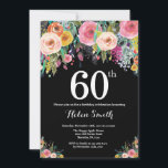 Invitation au 60e anniversaire de la florale<br><div class="desc">Floral 60e anniversaire Invitation pour les femmes. Fleur florale aquarelle. Arrière - plan de tableau noir. Rose,  Jaune,  Orange,  Fleur Violet. Anniversaire adulte.
Pour plus de personnalisation,  cliquez sur le bouton "Customiser" et utilisez notre outil de conception pour modifier ce modèle.</div>