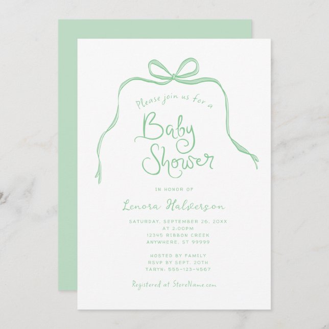 Invitation au Baby shower à mâchoires simples vert (Devant / Derrière)