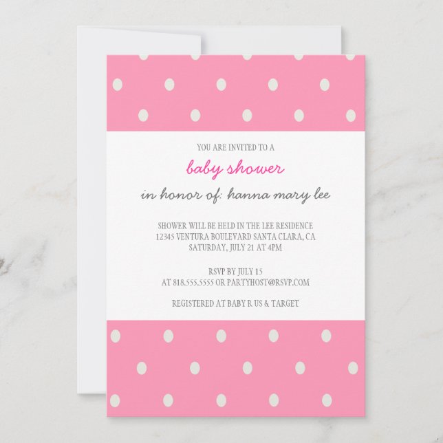 Invitation au Baby shower à points Polka roses (Devant)