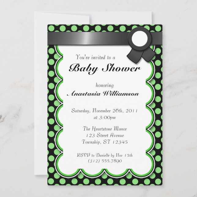 Invitation au Baby shower à points Polka vert et n (Devant)