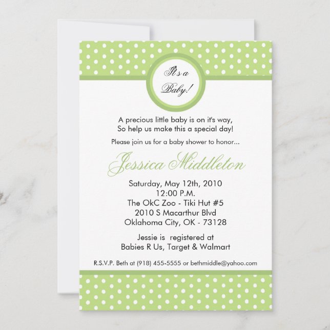 Invitation au Baby shower à points Polka vert pâle (Devant)