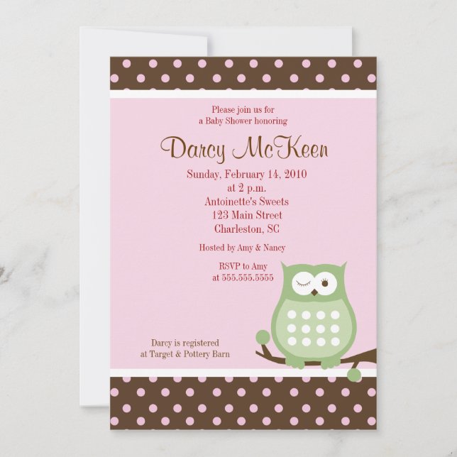Invitation au Baby shower à points roses et Brown (Devant)