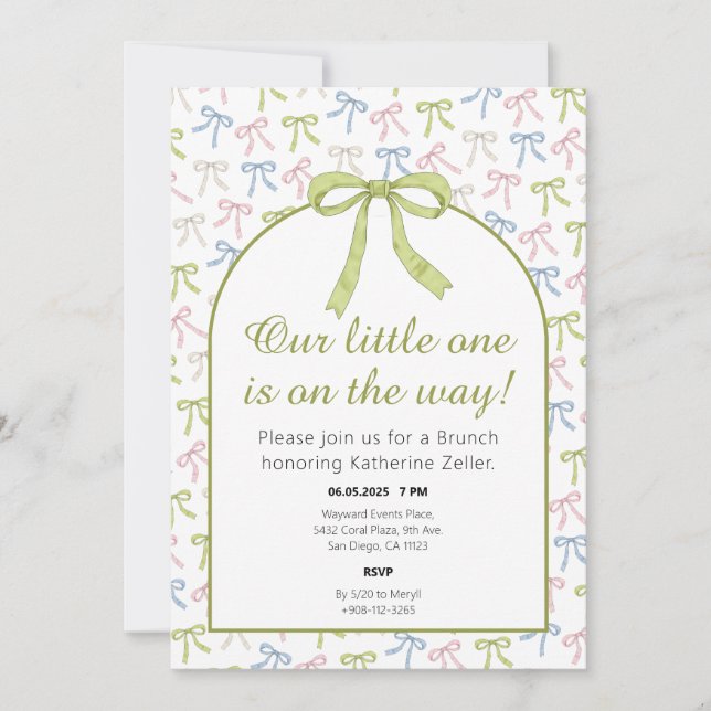 Invitation au Baby shower à ruban vert (Devant)