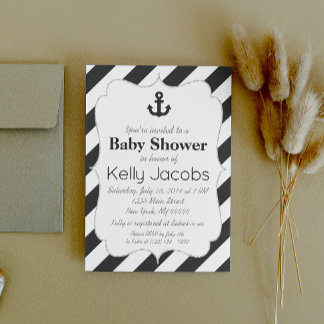 Invitation au Baby shower Ancre noir et argent