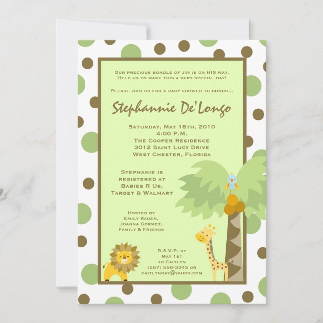 Invitation au Baby shower animal Jungle Safari 5x7 (Devant)
